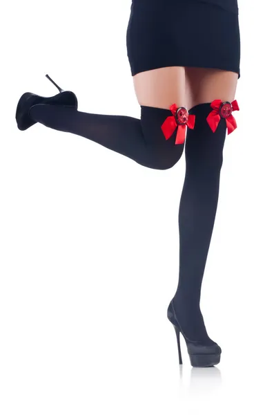 Woman legs with stockings on white — Stock Photo, Image