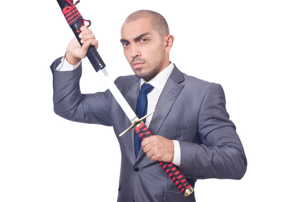 Бізнесмен з мечем ізольований на білому — стокове фото