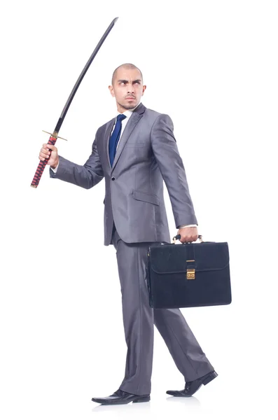 Businessman with sword isolated on white — Stock Photo, Image