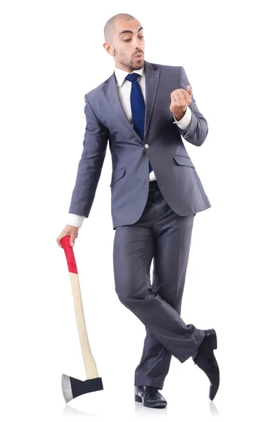 Hombre de negocios divertido con hacha en blanco — Foto de Stock