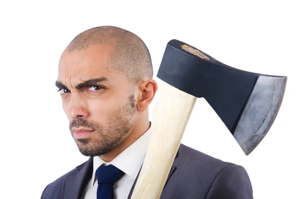 Funny businessman with axe on white — Stock Photo, Image