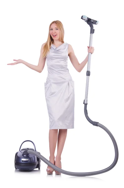 Young woman with vacuum cleaner on white — Stock Photo, Image