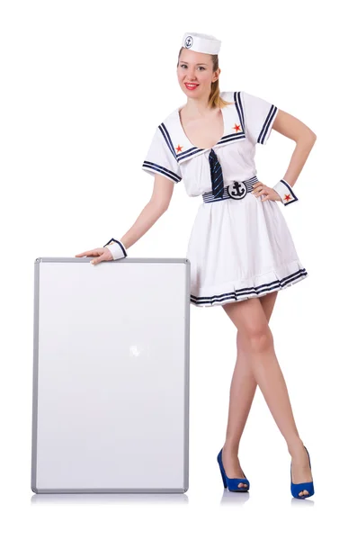 Stewardessa z deska na biały — Zdjęcie stockowe