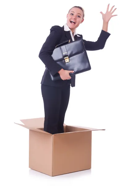 Woman with boxes on white — Stock Photo, Image