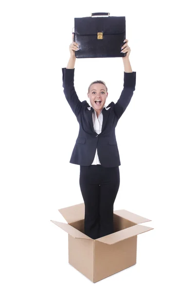 Woman with boxes on white — Stock Photo, Image