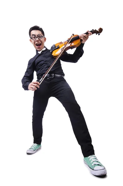 Hombre divertido con violín en blanco — Foto de Stock