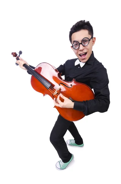 Homem engraçado com violino no branco — Fotografia de Stock