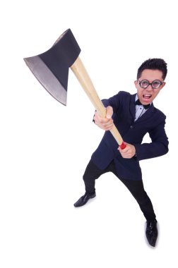 beyaz üzerine balta ile komik adam