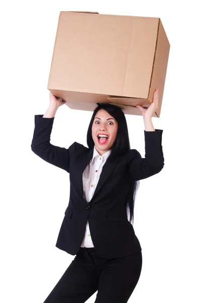 Woman with lots of boxes on white — Stock Photo, Image