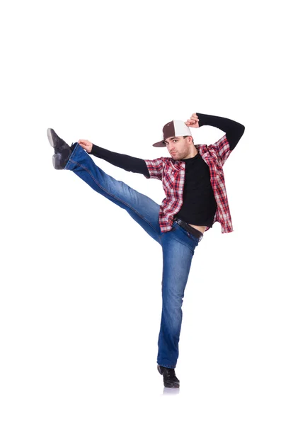 Mann tanzt moderne Tänze auf Weiß — Stockfoto