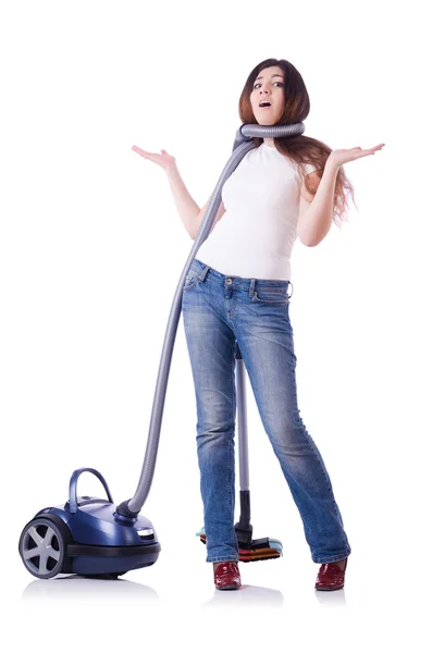 Jeune femme avec aspirateur sur blanc — Photo