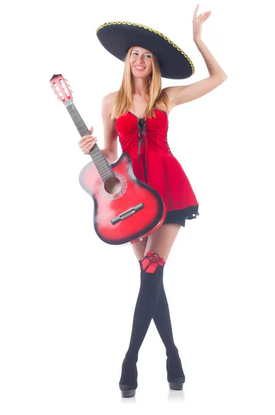 Woman in sombrero hat with guitar — Stock Photo, Image