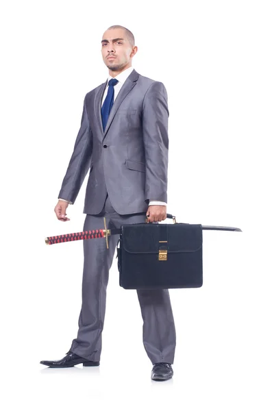 Podnikatel s mečem izolovaným na bílém — Stock fotografie