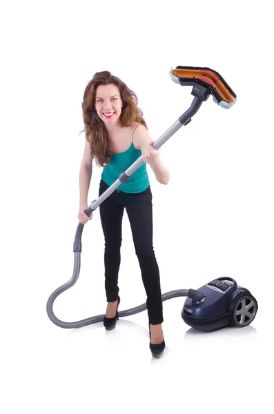 Young woman with vacuum cleaner on white — Stock Photo, Image