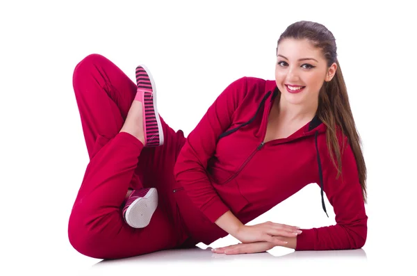 Young woman doing exercises on white — Stock Photo, Image