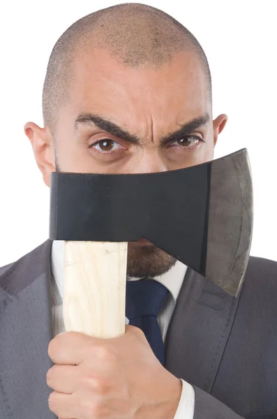 Funny businessman with axe on white — Stock Photo, Image