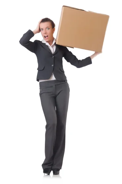 Woman businesswoman with boxes on white — Stock Photo, Image