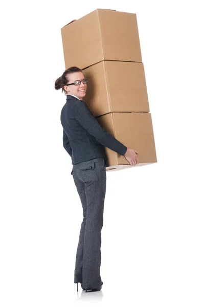 Mujer mujer de negocios con cajas en blanco — Foto de Stock
