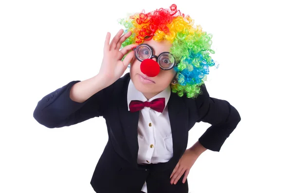 Frau Clown Geschäftsfrau isoliert auf weiß — Stockfoto