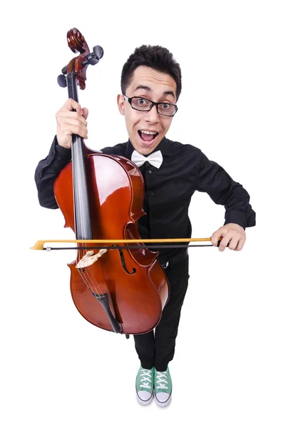 Homem engraçado com violino no branco — Fotografia de Stock
