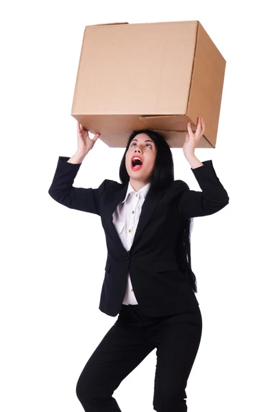 Donna con un sacco di scatole su bianco — Foto Stock