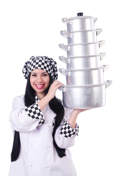 Cook with stack of pots on white — Stock Photo, Image