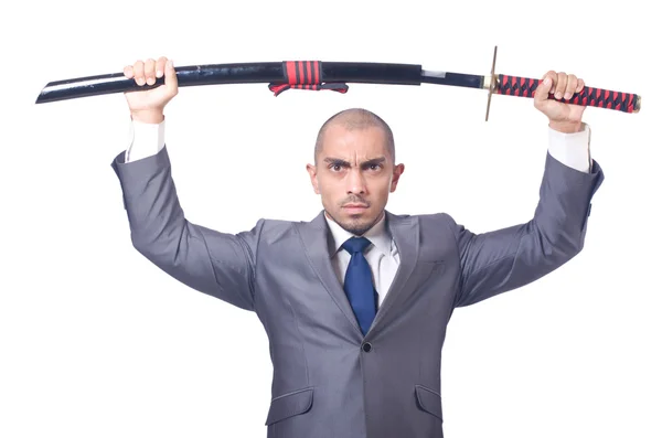 Empresario con espada aislada en blanco — Foto de Stock