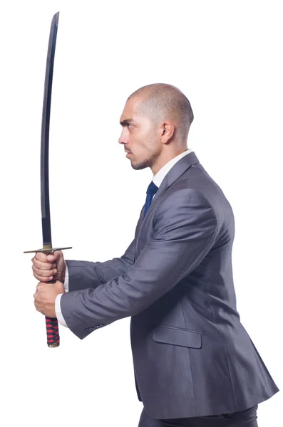 Affärsman med svärd isolerad på vitt — Stockfoto