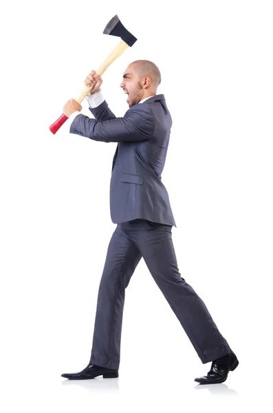 Hombre de negocios divertido con hacha en blanco — Foto de Stock