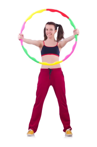 Woman doing exercises with hula hoop — Stock Photo, Image