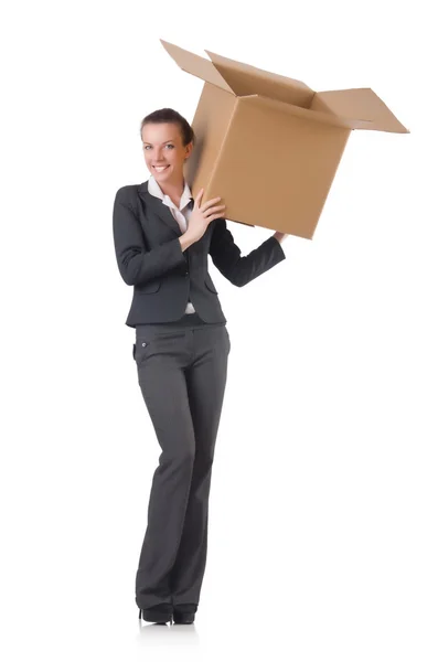 Femme d'affaires avec des boîtes sur blanc — Photo