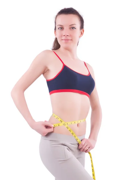 Mladá dívka s centimetrem v dietě koncept — Stock fotografie