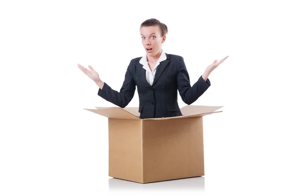 Frau mit Schachteln auf weiß — Stockfoto