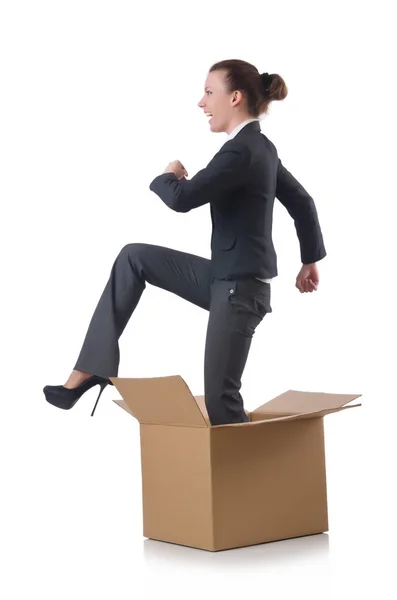 Woman with boxes on white — Stock Photo, Image