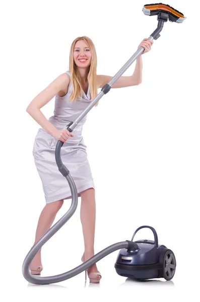 Young woman with vacuum cleaner on white — Stock Photo, Image