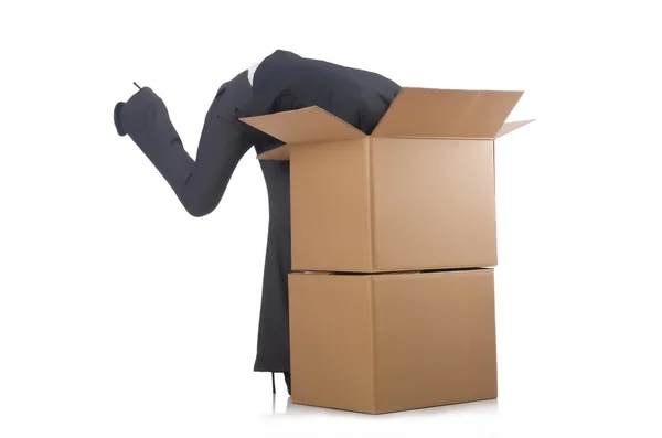 Woman businesswoman with boxes on white — Stock Photo, Image