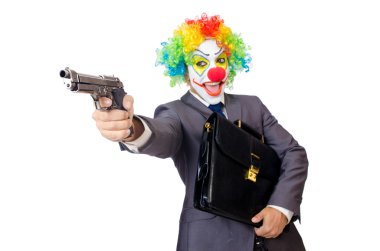 Silahlı beyaz izole iş adamı palyaço