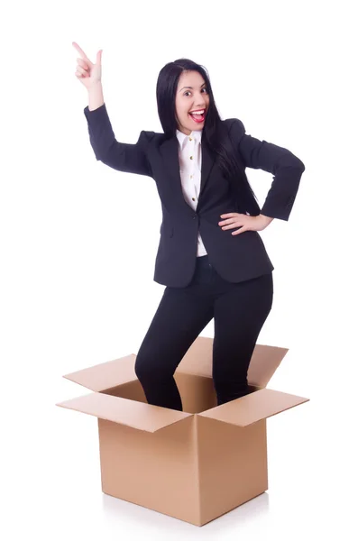 Woman with boxes on white — Stock Photo, Image