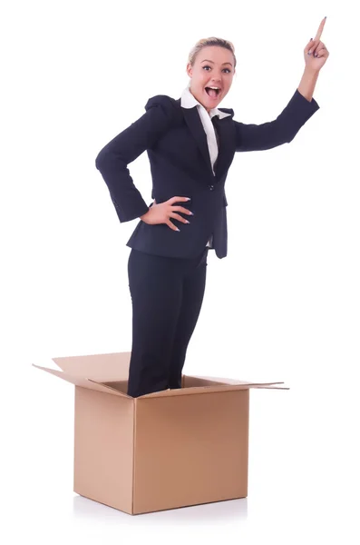 Woman with boxes on white — Stock Photo, Image