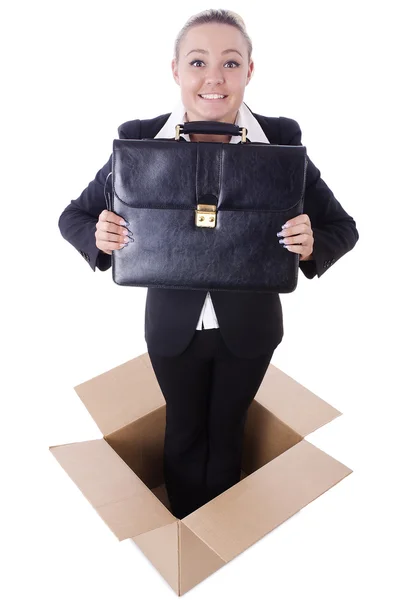 Woman with boxes on white — Stock Photo, Image