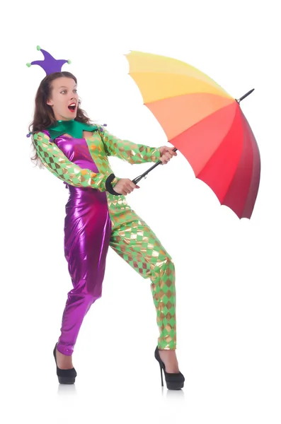 Clown with umbrella isolated on white — Stock Photo, Image