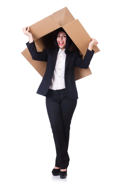 Woman with lots of boxes on white — Stock Photo, Image