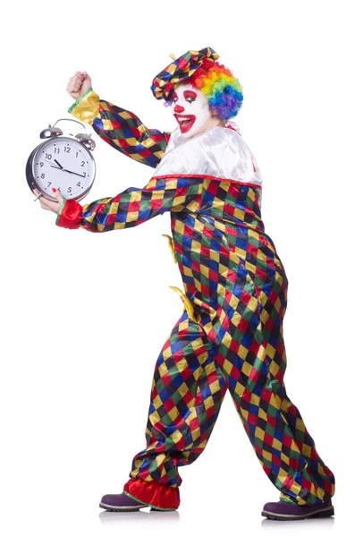 Clown with alarm clock isolated on white — Stock Photo, Image