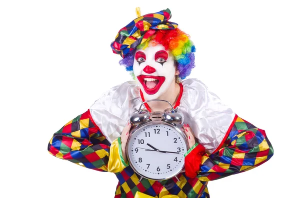 Clown con sveglia isolato su bianco — Foto Stock