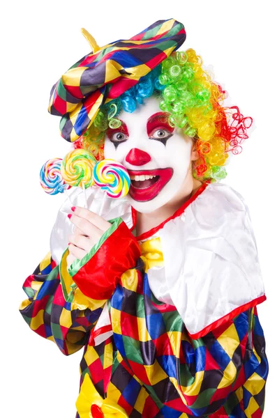 Clown with lollipops isolated on white — Stock Photo, Image