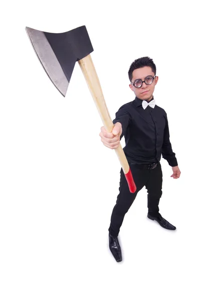 Funny man with axe on white — Stock Photo, Image