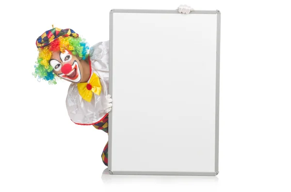 Клоун з порожньою дошкою на білому — стокове фото