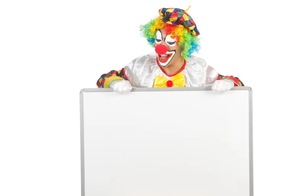 Clown with blank board on white — Stock Photo, Image