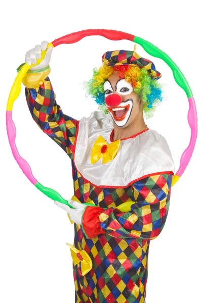 Clown mit Hula-Hoop-Reifen isoliert auf weiß — Stockfoto