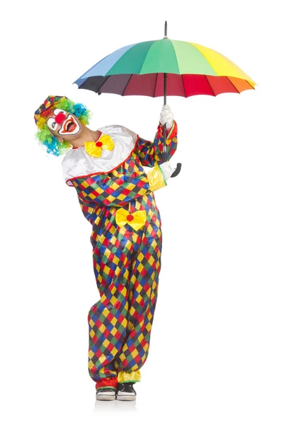 Clown mit Regenschirm isoliert auf weiß — Stockfoto